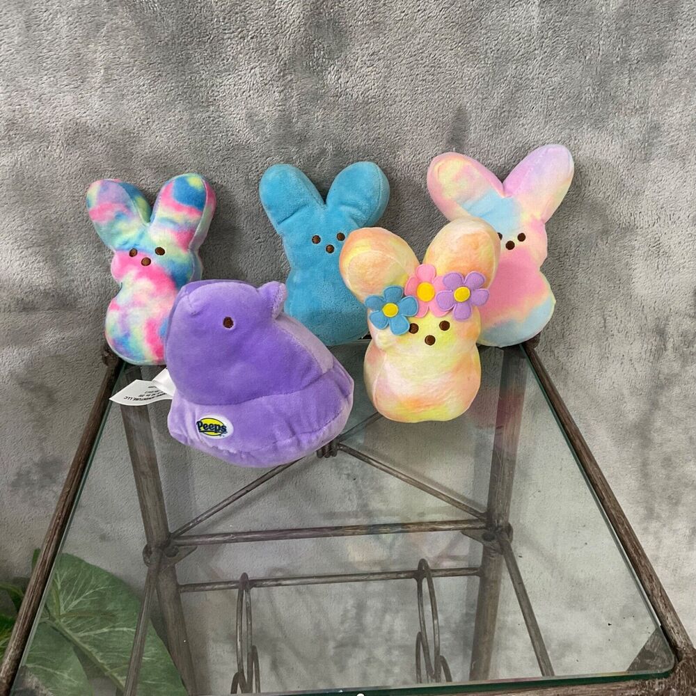 PEEPS Lot Of 5 Plush Bunnies & 1 rare purple Chick Plush ToysTie Dye & solids